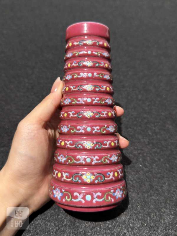 清乾隆 胭脂紫地洋彩花卉纹佛塔（构件） - 图3